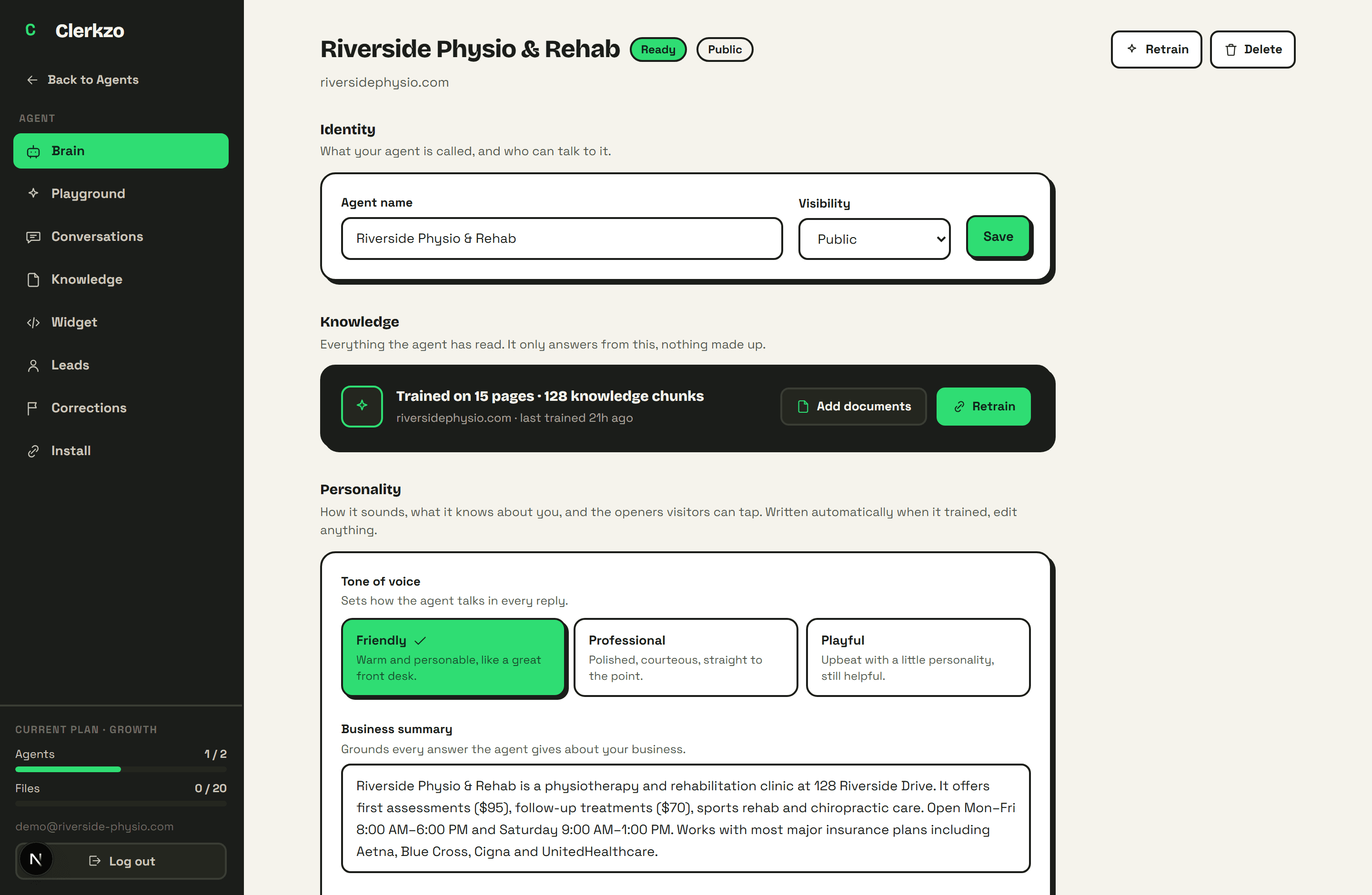 The agent brain page: an editable business summary and suggested questions, auto-written from the crawled website