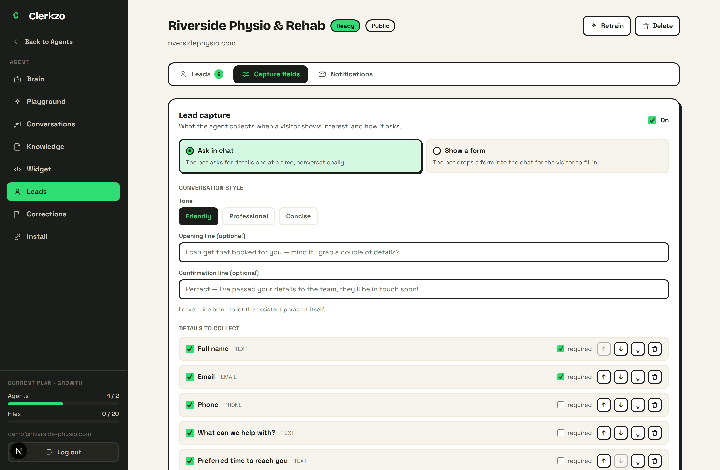 Lead capture settings: chat or form mode, field list with required toggles, and a live preview
