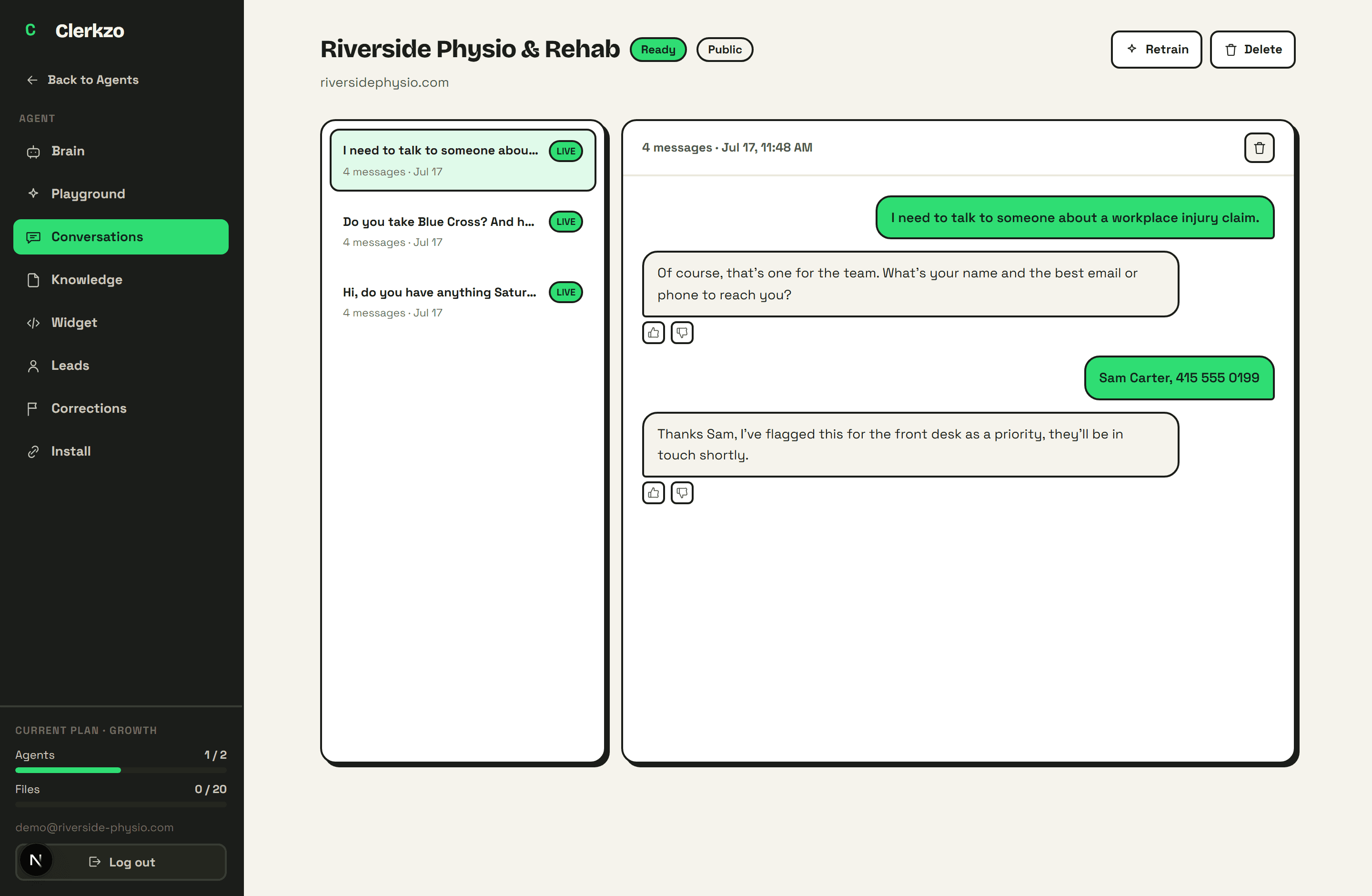 The conversations page: full transcripts of every chat with inline rating