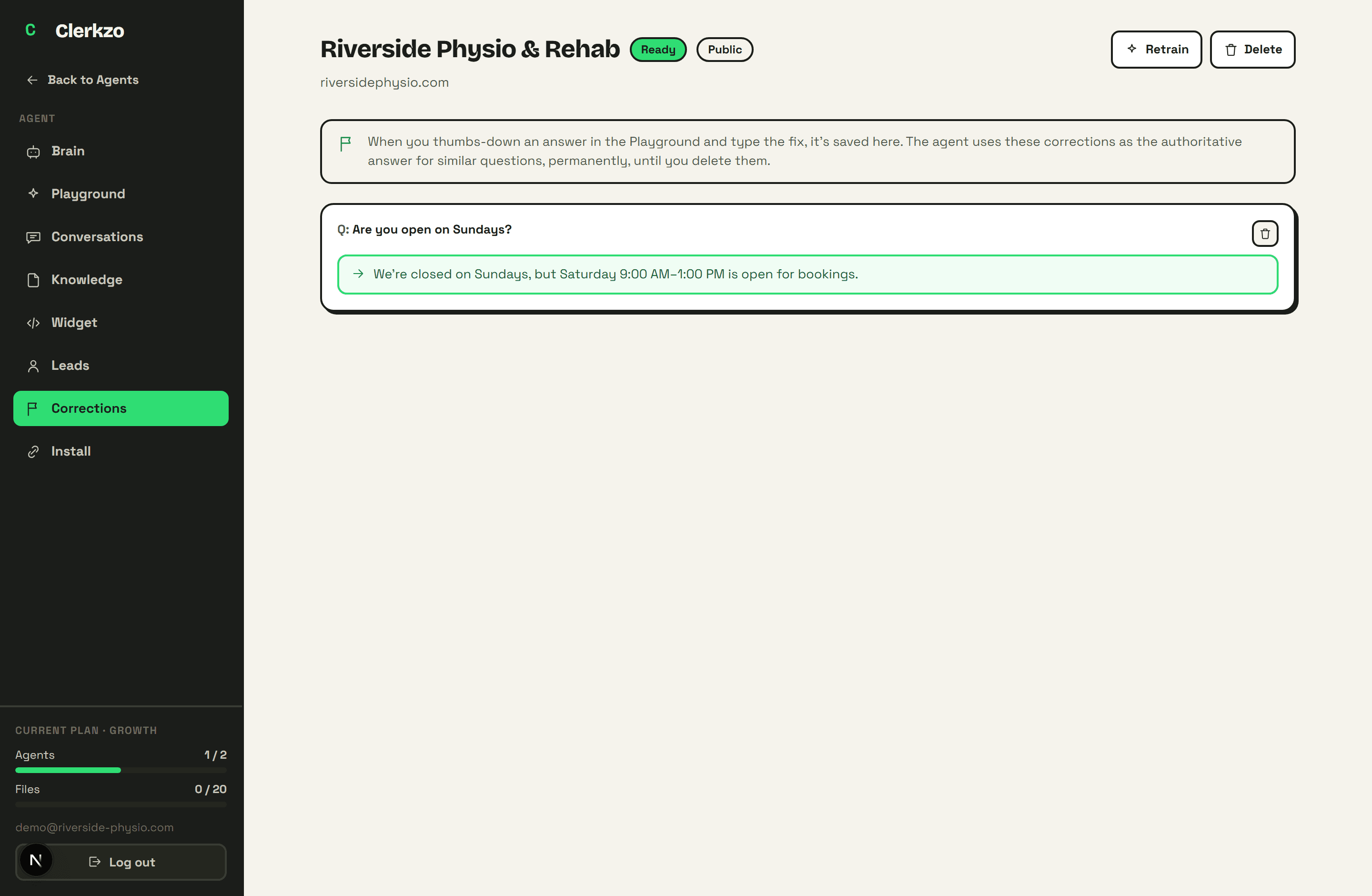The corrections page: every answer you've taught the agent, with the option to remove any
