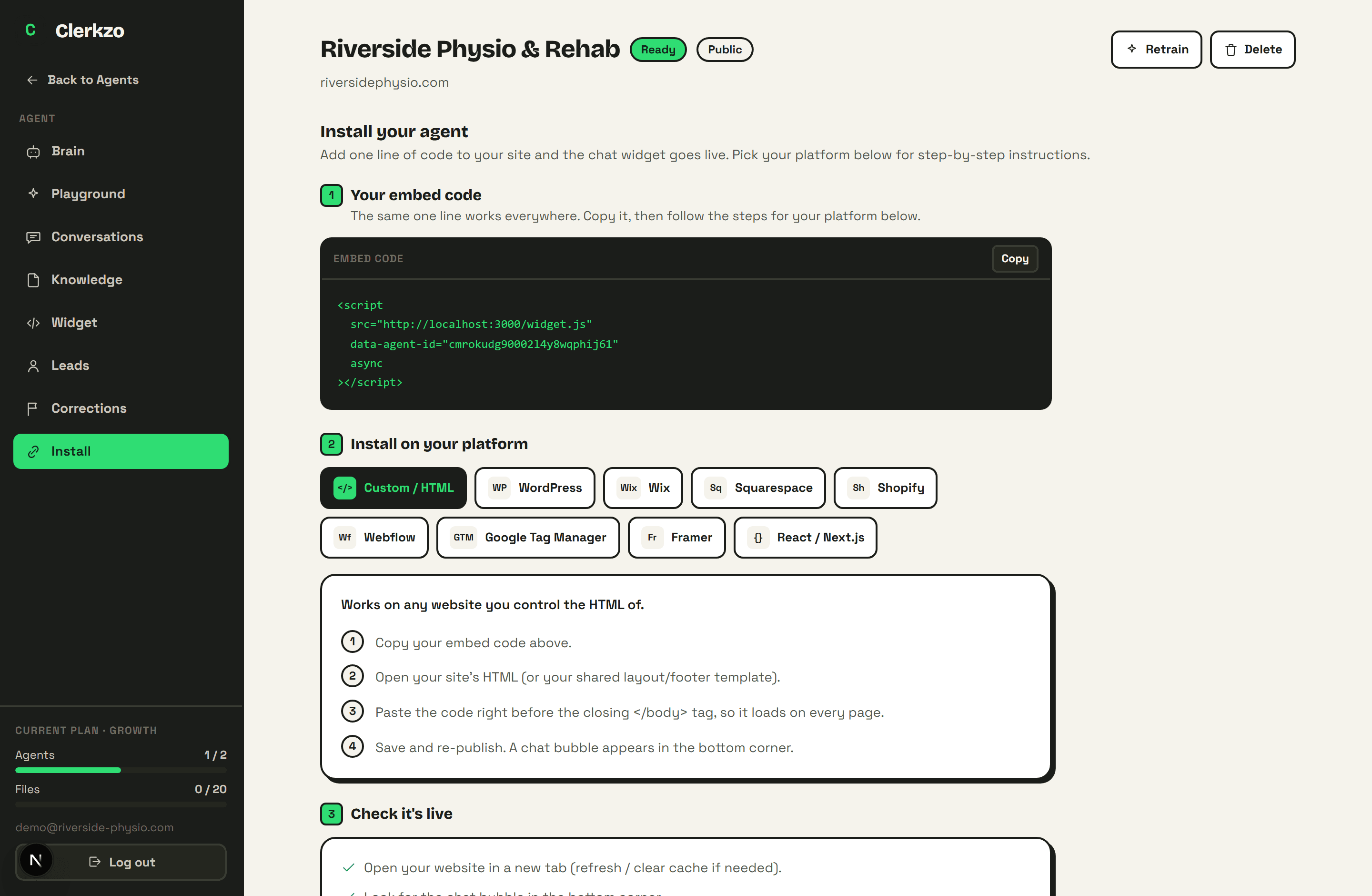 The install page: the one-line embed snippet and step-by-step guides for nine platforms