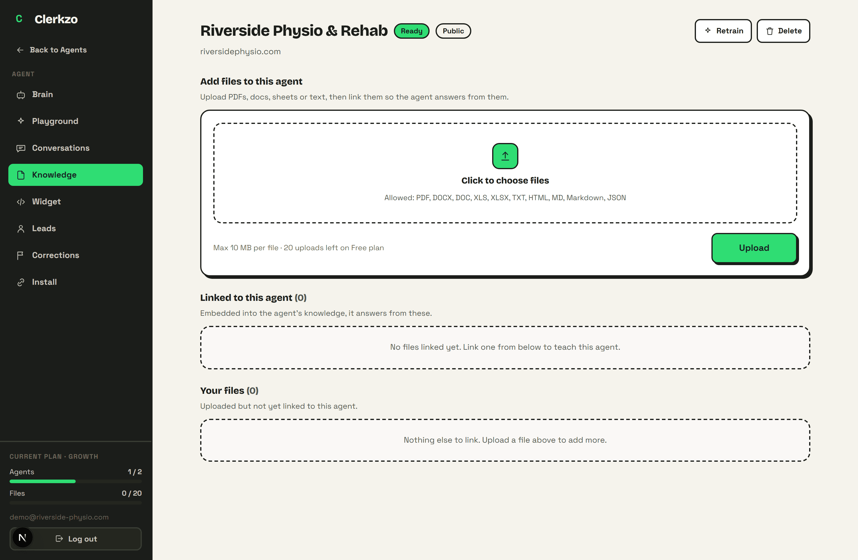 The knowledge page: upload documents and link them to your agent
