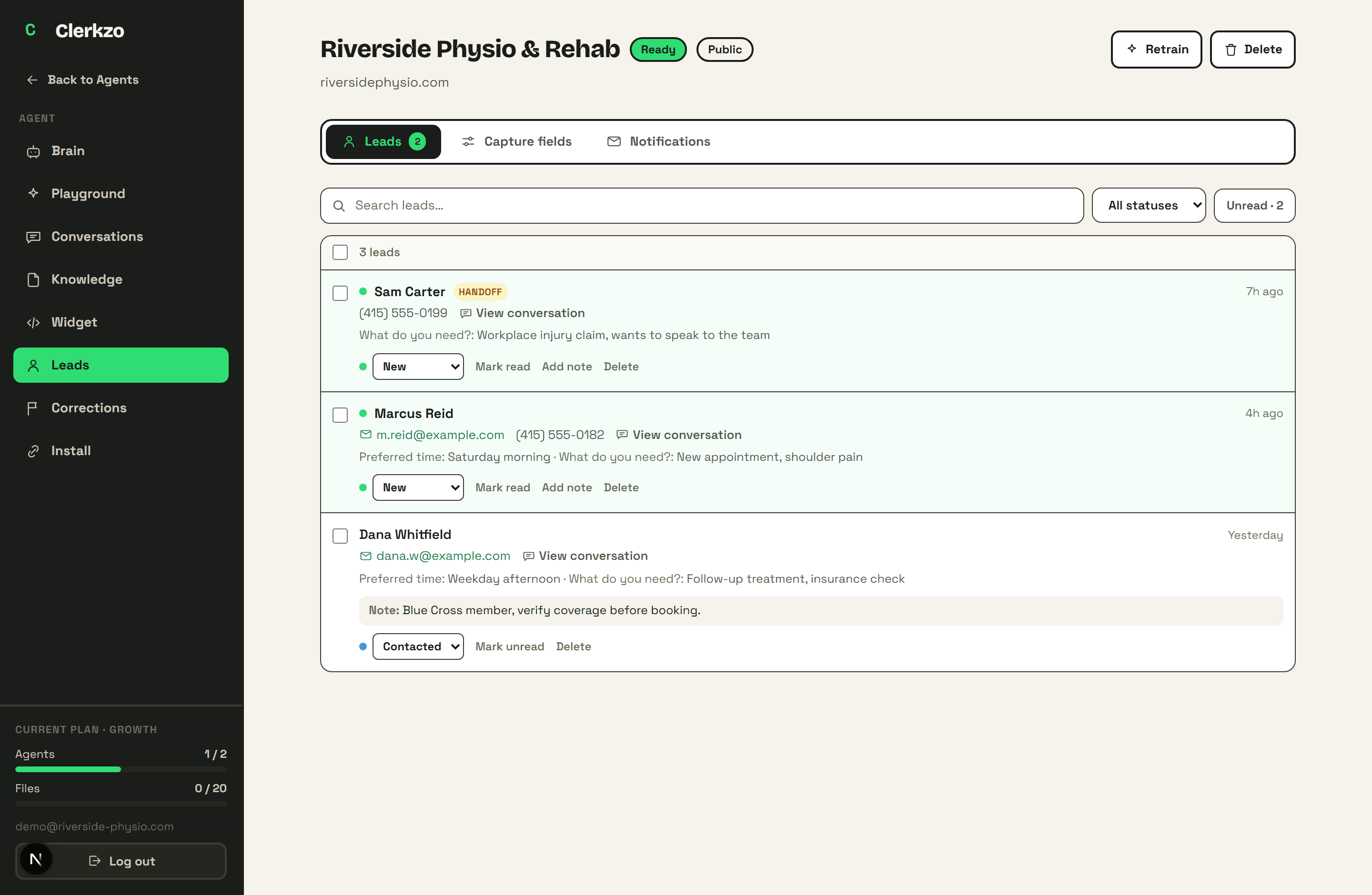 The leads inbox: pipeline statuses, notes, handoff badge, and a view-conversation link on each lead