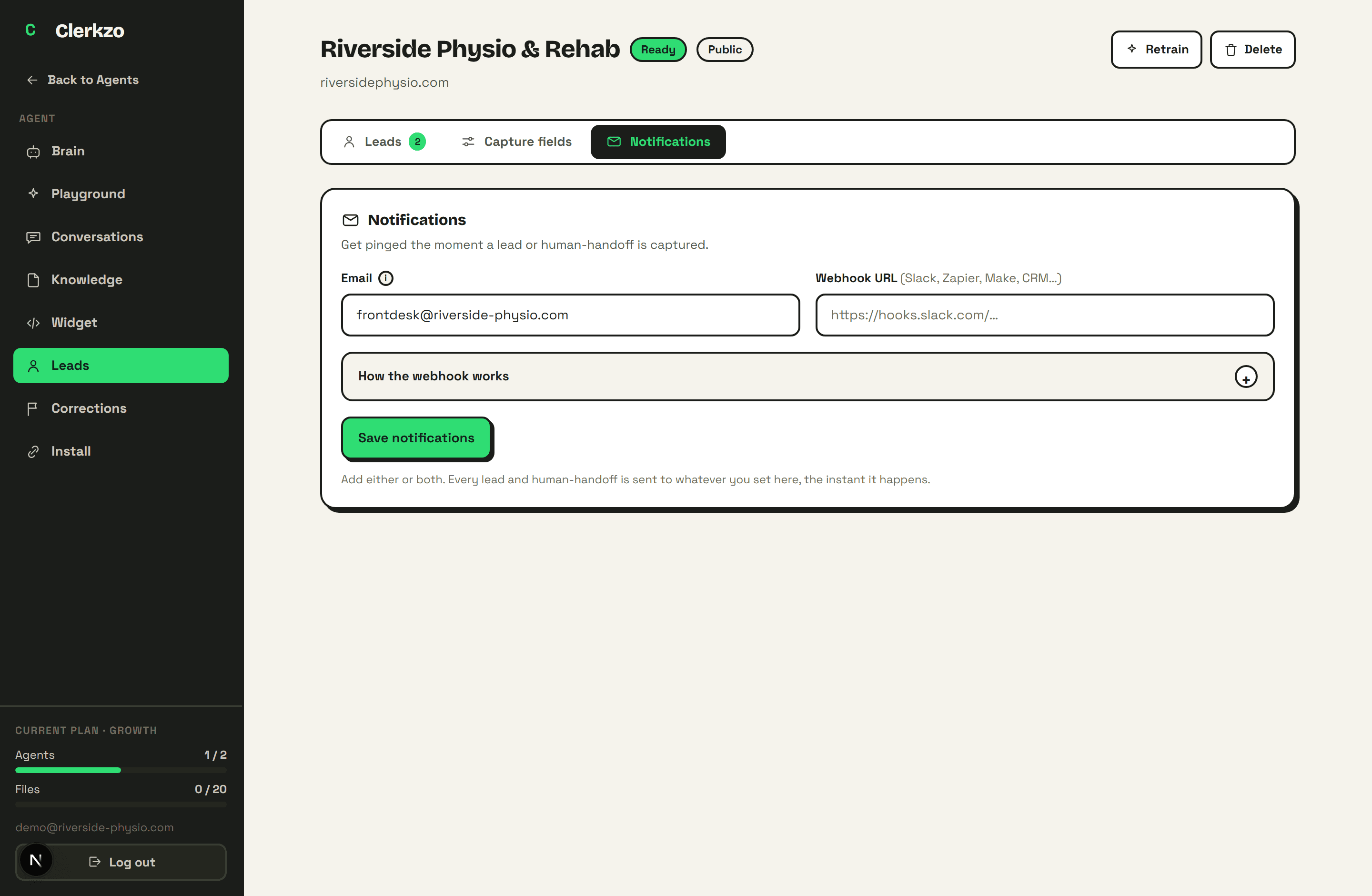 Notification settings: email address and webhook URL for instant lead alerts