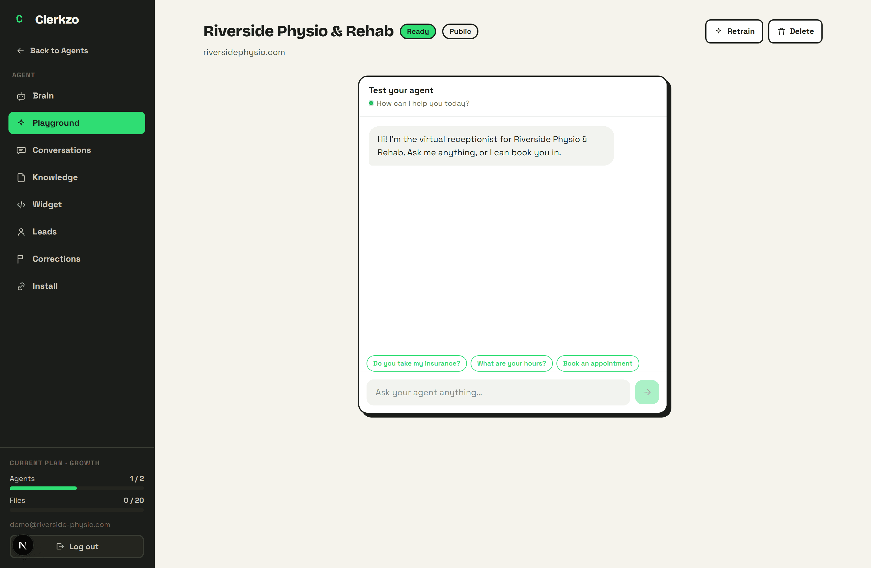 The playground: a full replica of your live widget inside the dashboard, ready to test before going live