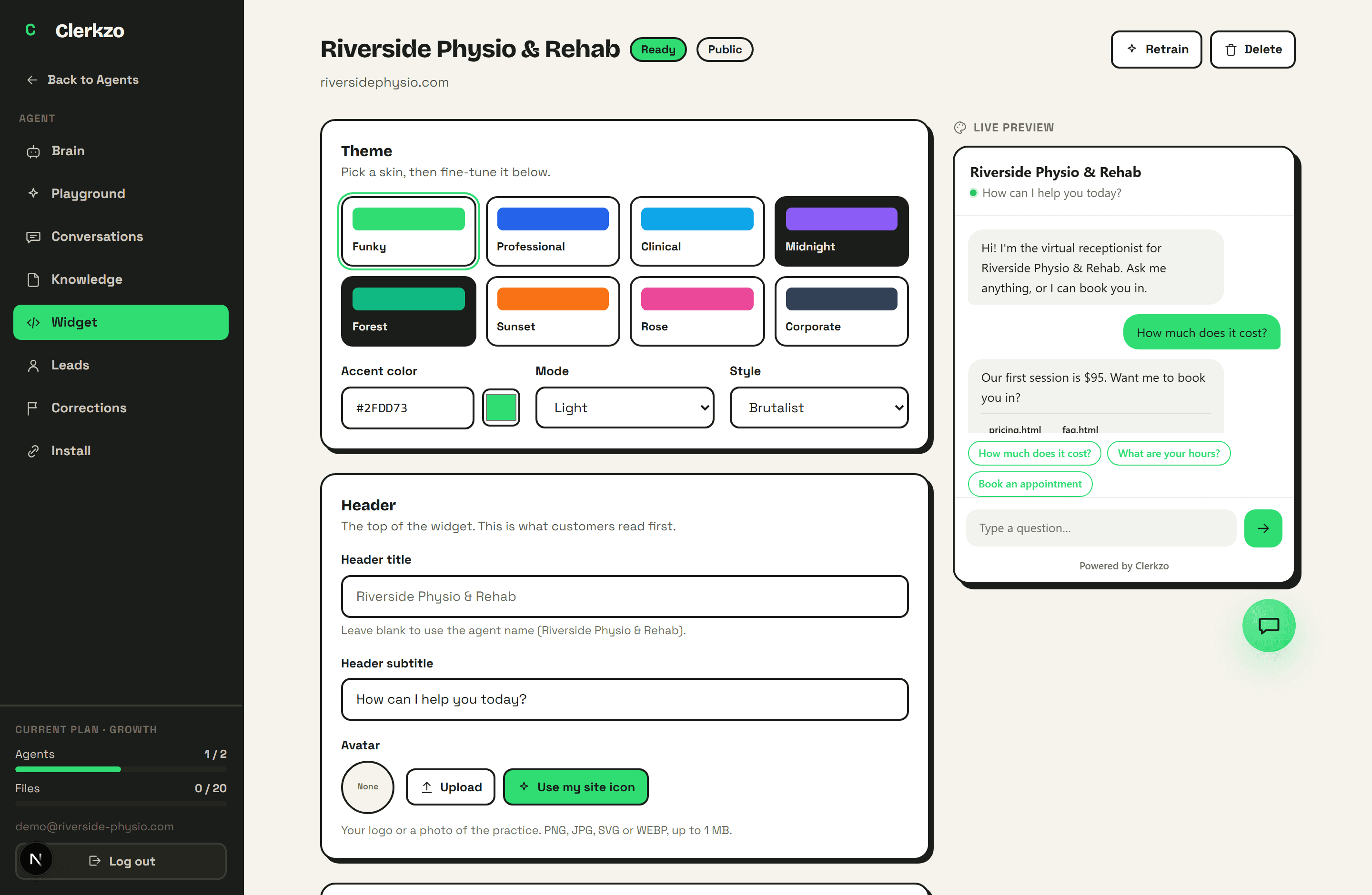 The widget studio: theme presets, accent colour, mode and style controls beside a live widget preview